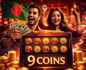 Players celebrating big win in 9 Coins casino Bangladesh real money slot game with BDT payouts